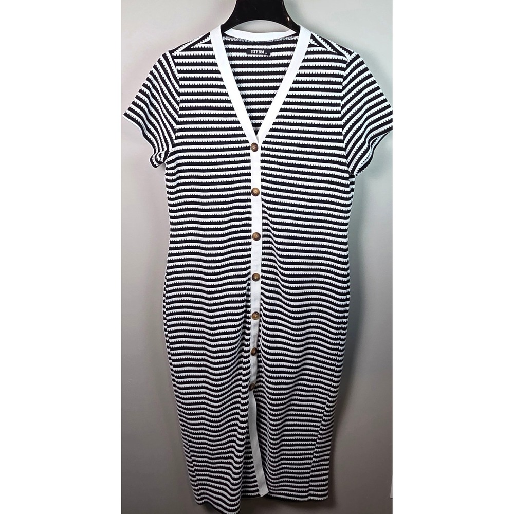 BTFBM Button Down Dress Womens XL Black White Excellent‎ Striped Ribbed Midi